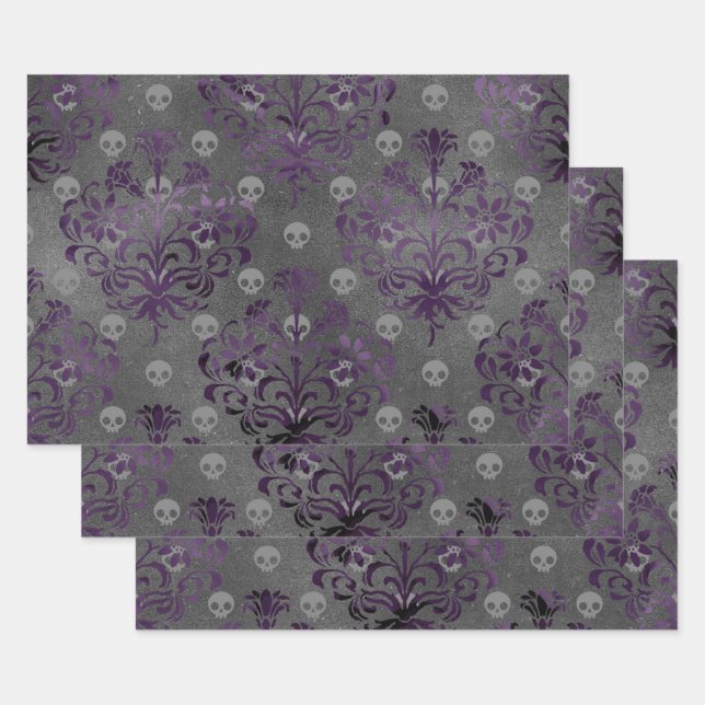 Feuille De Papier Cadeau Crânes et Damas pourpres sur gris (Lot)