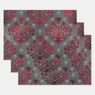 Feuille De Papier Cadeau Crânes et Damas rouges sur gris