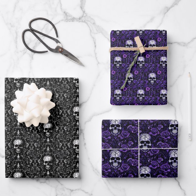 Feuille De Papier Cadeau Crânes et fleurs Goth (Recto)