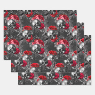 Feuille De Papier Cadeau Crânes et fleurs rouges sur gris