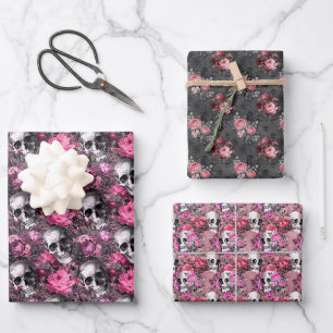 Feuille De Papier Cadeau Crânes floraux de goth rose et noir