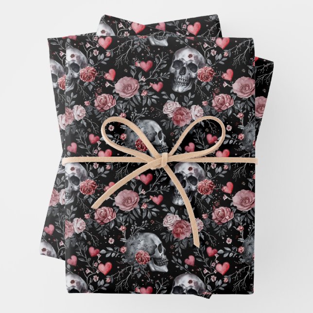 Feuille De Papier Cadeau Crânes gothiques de cuisine avec Rose (En situation)