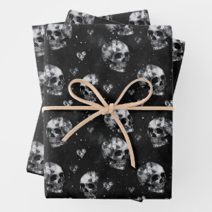 Feuille De Papier Cadeau Crânes occultes gothiques avec Coeurs