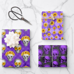 Feuille De Papier Cadeau Crânes violets et conception de la série Tournesol