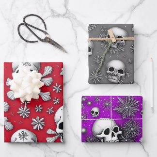 Feuille De Papier Cadeau Crânes Whimsical et flocons de neige Noël gothique