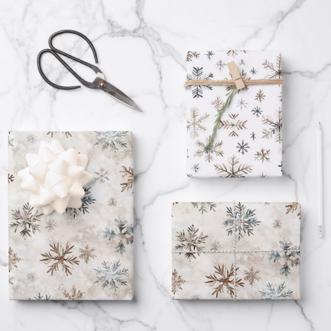 Feuille De Papier Cadeau Cream Bronze Blue Snowflakes Christmas (Recto)