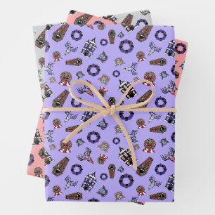 Feuille De Papier Cadeau Creepmas avec maison hantée, crânes, couronnes, ce
