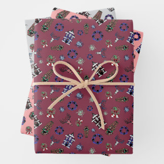 Feuille De Papier Cadeau Creepmas avec maison hantée, Crânes, Wreath, Café
