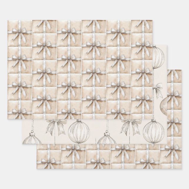 Feuille De Papier Cadeau Crème blanc Argent brillant Bow (Lot)