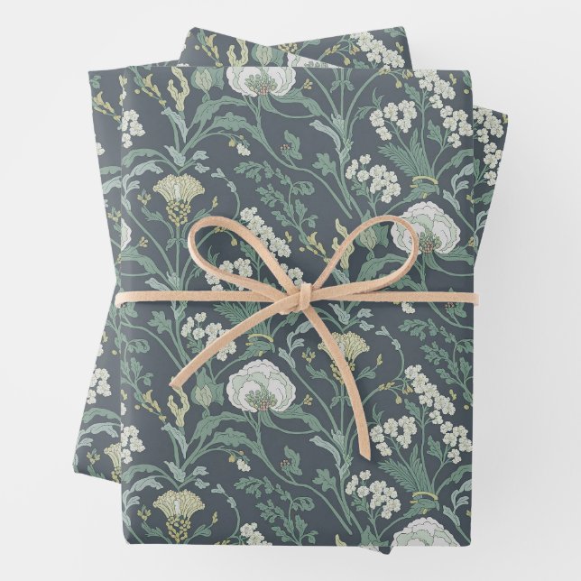 Feuille De Papier Cadeau Crème florale Art nouveau vert (En situation)