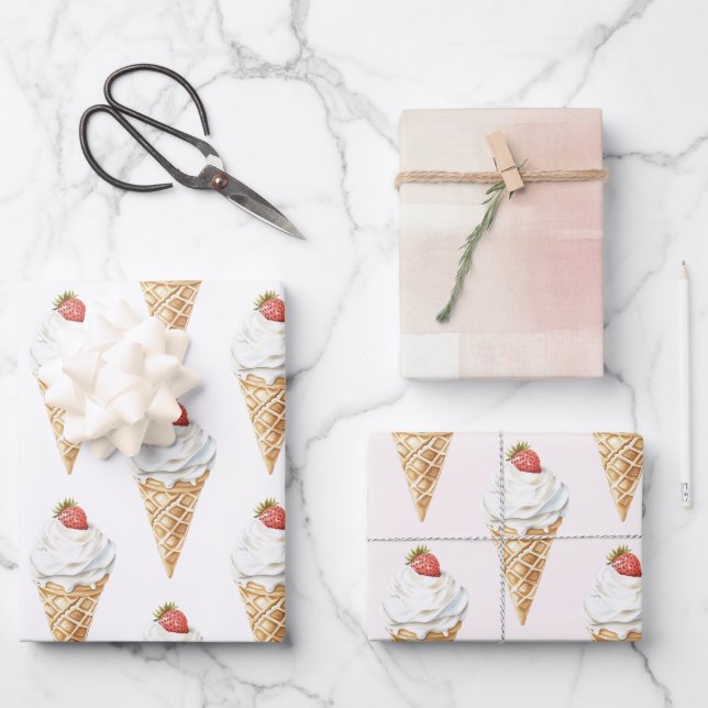 Feuille De Papier Cadeau Crème glacée Cone fraise Anniversaire (Recto)