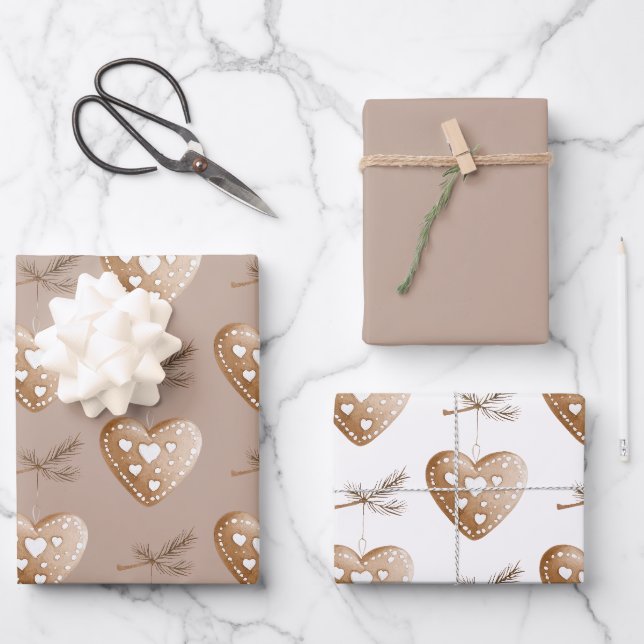 Feuille De Papier Cadeau Crème pain d'épices Coeurs biscuits Noël (Recto)