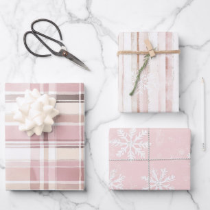 Feuille De Papier Cadeau Crème rose Paillée Stripes Snowflakes Noël