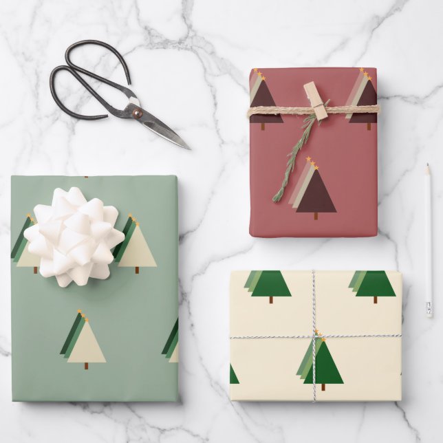 Feuille De Papier Cadeau Crème rouge vert sapin de Noël (Recto)