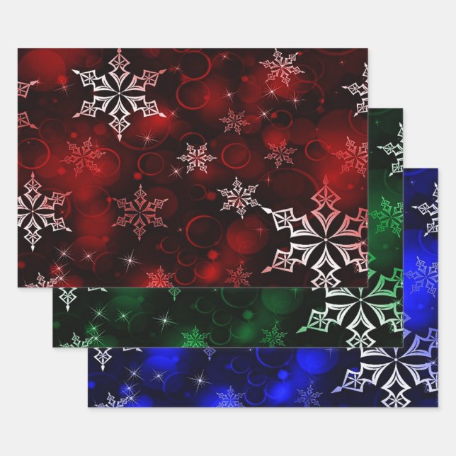 Feuille De Papier Cadeau Crimson Emerald & Royal Blue Snowflake Motif (Lot)