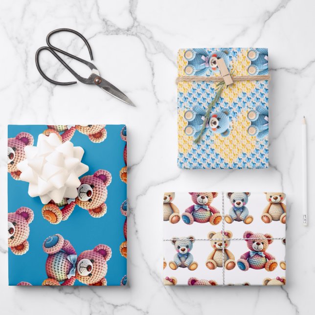Feuille De Papier Cadeau Crocheted Stuffed Animals Blue and Yellow (Recto)