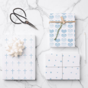 Feuille De Papier Cadeau Croix Bleue de la Sainte Communion Coeurs et point