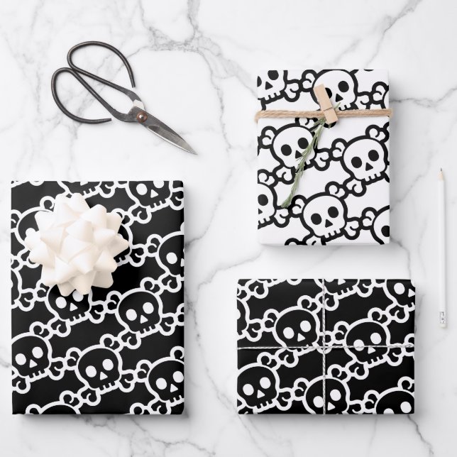 Feuille De Papier Cadeau Croix du crâne Blanc noir (Recto)