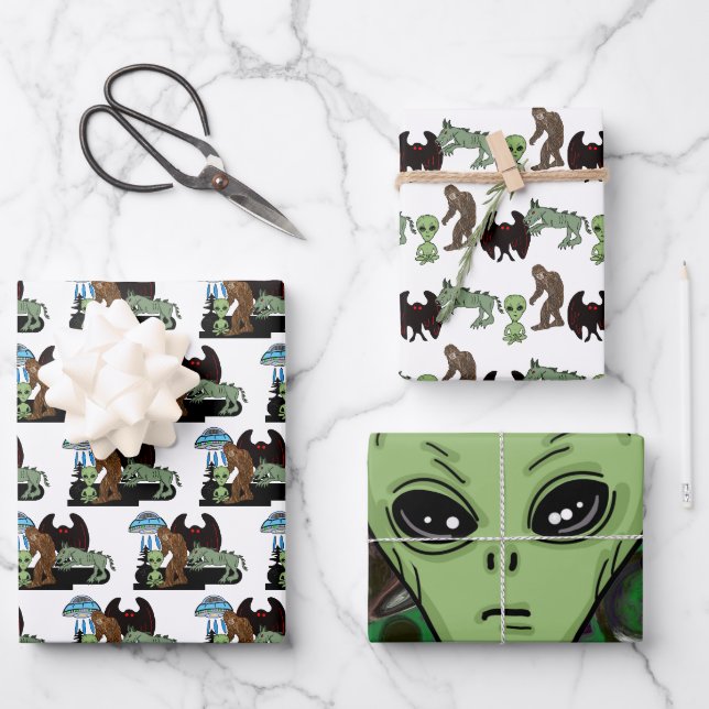 Feuille De Papier Cadeau Cryptozoologie Cryptids Big Foot Alien Mothman (Recto)
