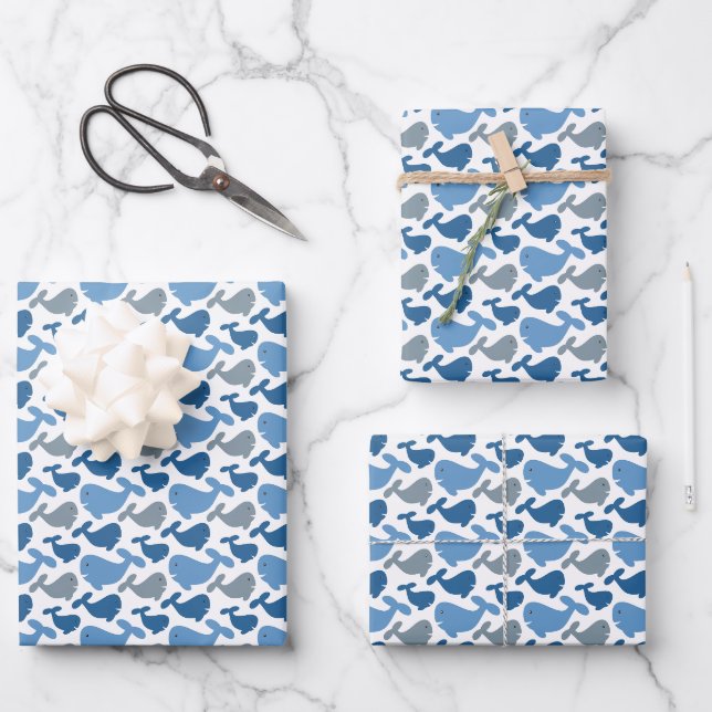Feuille De Papier Cadeau Cuisine Navy Baleines gris bleues Enfants (Recto)