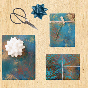 Feuille De Papier Cadeau Cuivre Turquoise Floral Patiné en détresse