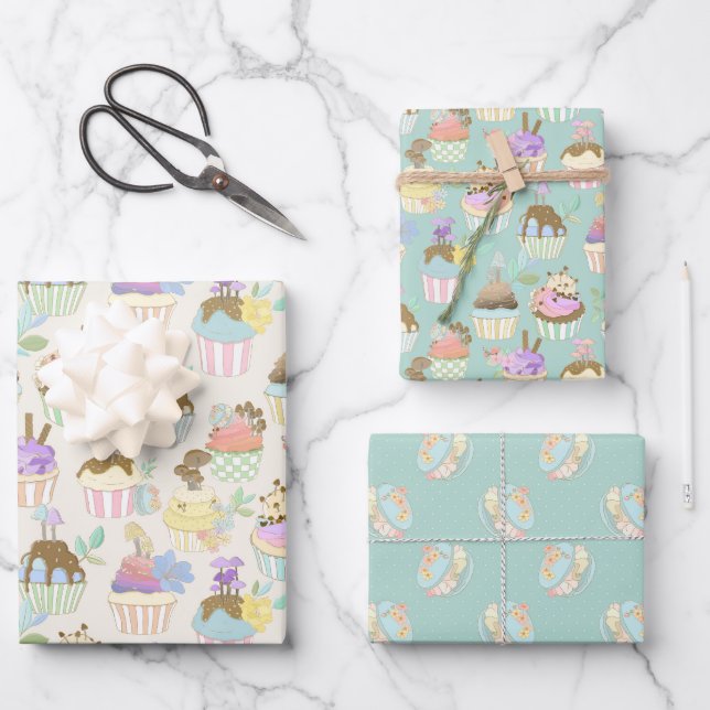 Feuille De Papier Cadeau Cupcake et Macaron enveloppement cadeau - ensemble (Recto)