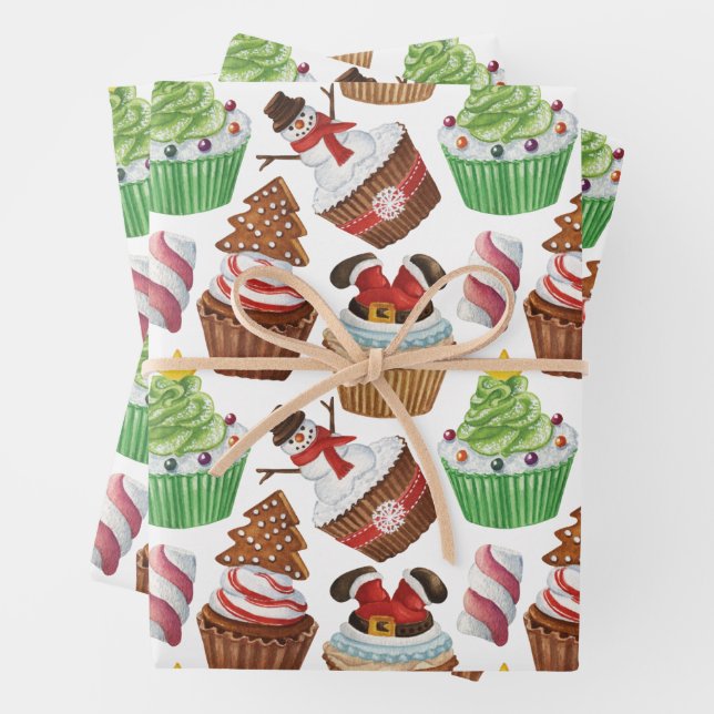 Feuille De Papier Cadeau Cupcakes de Noël Aquarelle (En situation)