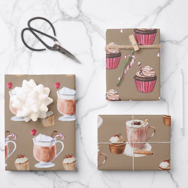 Feuille De Papier Cadeau Cupcakes Kraft rustique cacao & lattes (Recto)