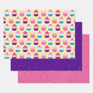 Feuille De Papier Cadeau Cupcakes Violet et Rose Parties scintillant ensemb