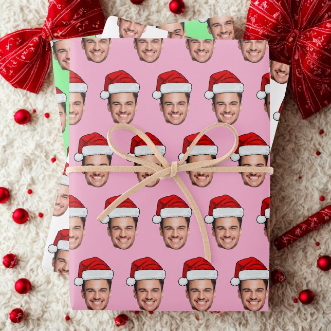 Feuille De Papier Cadeau Custom Face Photo Santa Hat Unique Gift Pink (Créateur téléchargé)
