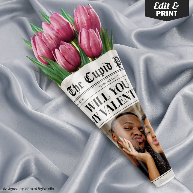 Feuille De Papier Cadeau Custom Valentine Newspaper Flower Bouquet Gift  (Valentines Day Newspaper Template, Flower Bouquet Wrap, Will You Be My Valentine Gift )