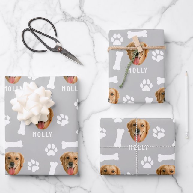 Feuille De Papier Cadeau Customized Dog Pet Photo & Name Gray (Recto)
