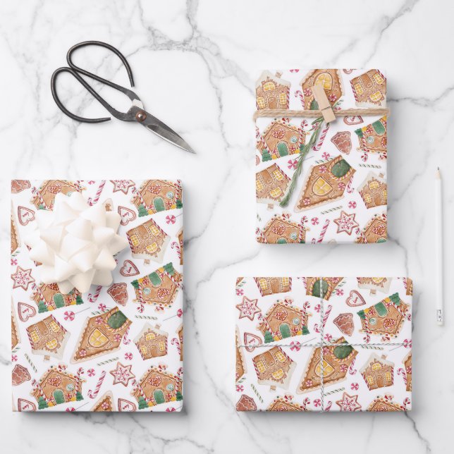 Feuille De Papier Cadeau Cute Aquarelle Ginglerie Maison Blanche Noël (Recto)
