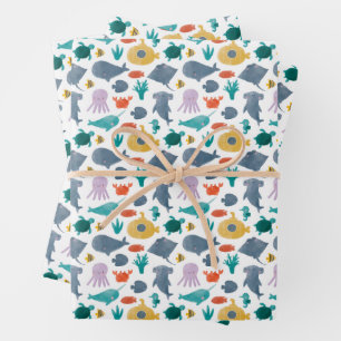 Feuille De Papier Cadeau Cute Aquarelle Océan Animaux Motif