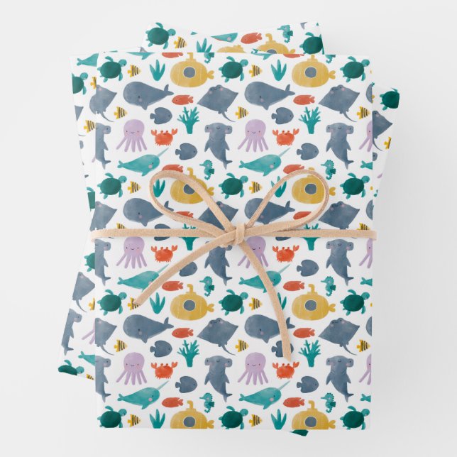 Feuille De Papier Cadeau Cute Aquarelle Océan Animaux Motif (En situation)