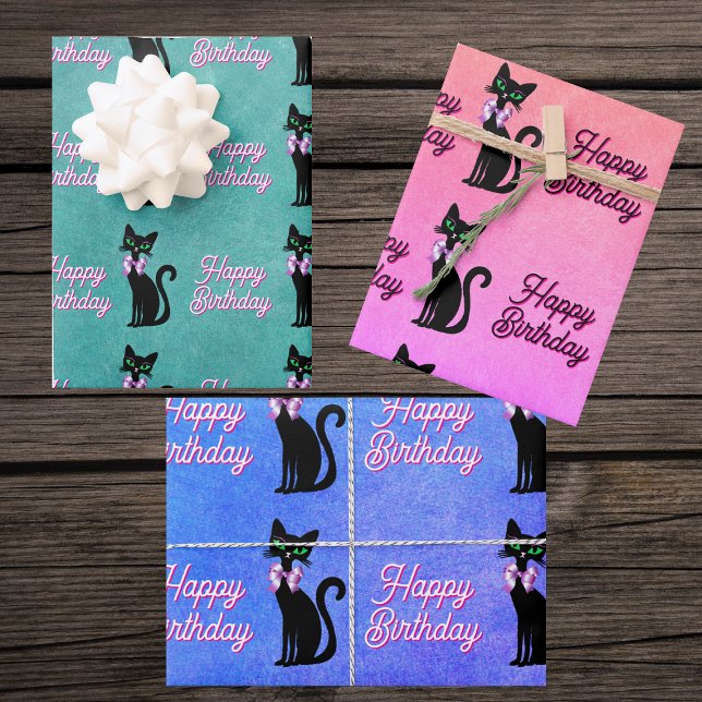 Feuille De Papier Cadeau Cute Black Cat Green Eyes Bow Happy Birthday (Cute black cats green eyes pink bows on Happy Birthday wrapping paper sheets in various colours.)