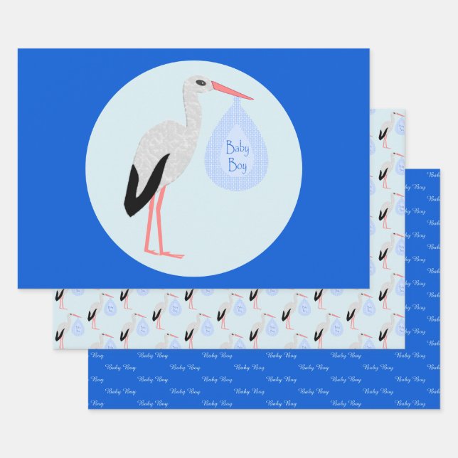 Feuille De Papier Cadeau Cute Blue Baby Boy Stork Custom (Lot)