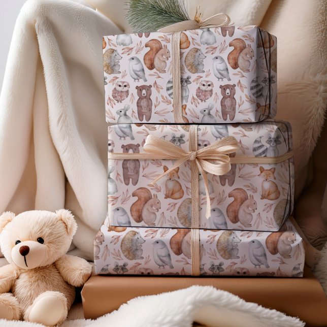 Feuille De Papier Cadeau Cute Bois animaux Aquarelle Anniversaire (Créateur téléchargé)