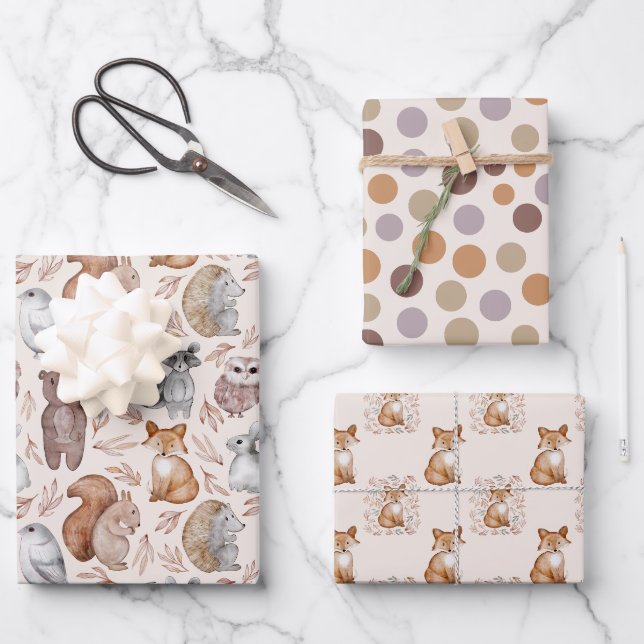 Feuille De Papier Cadeau Cute Bois animaux Aquarelle Anniversaire (Recto)
