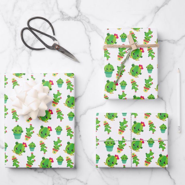 Feuille De Papier Cadeau Cute Cactus, Green Cactus, Motif Cactus (Recto)