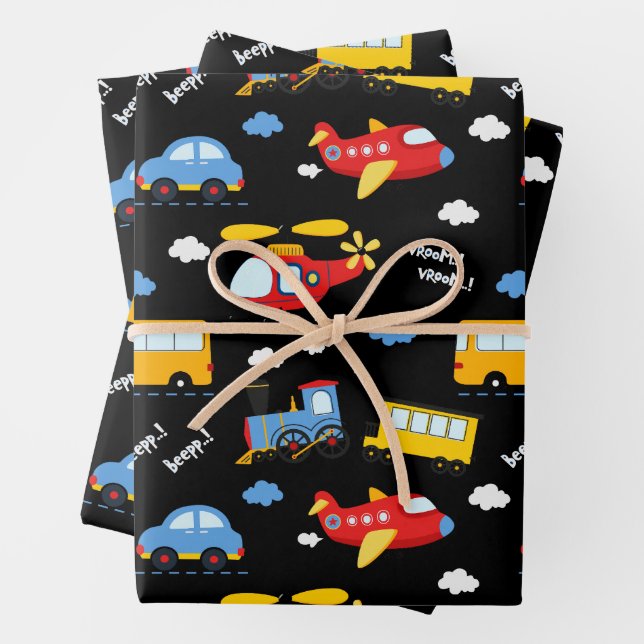Feuille De Papier Cadeau Cute Cartoon Vehicles Pattern  (En situation)