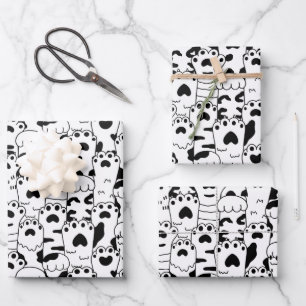 Feuille De Papier Cadeau Cute Cats Paws Motif noir blanc