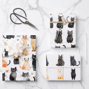Feuille De Papier Cadeau Cute Chats Noirs Orange