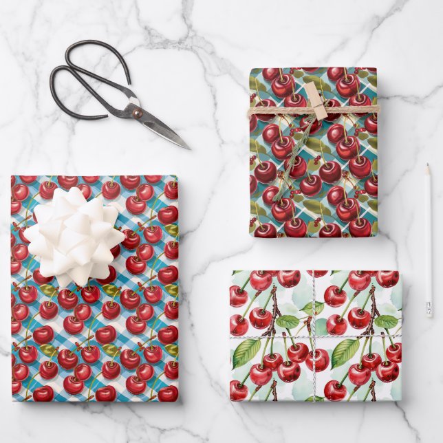 Feuille De Papier Cadeau Cute Cherry Motif à thème Anniversaire (Recto)