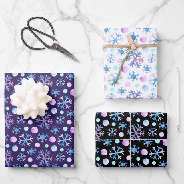 Feuille De Papier Cadeau Cute Chic Flocon de neige Aquarelle Noël (Recto)