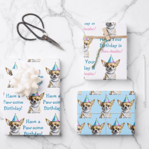 Feuille De Papier Cadeau Cute Chihuahua en Casquette d'anniversaire
