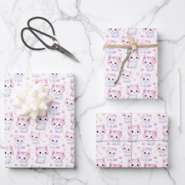 Feuille De Papier Cadeau Cute Fluffy Kittens rose (Recto)