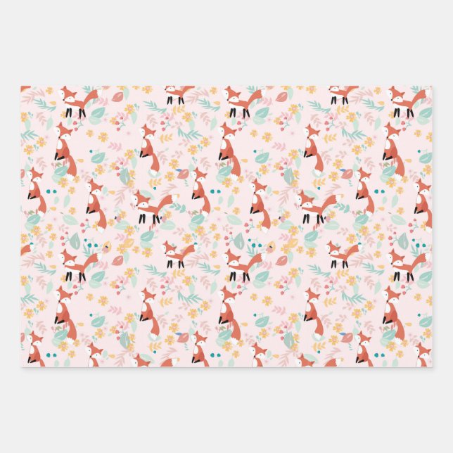 Feuille De Papier Cadeau Cute Fox Floral Rose Design (Devant)