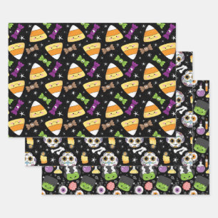 Feuille De Papier Cadeau Cute Halloween Candy Corn, Frankenstein & Skeleton