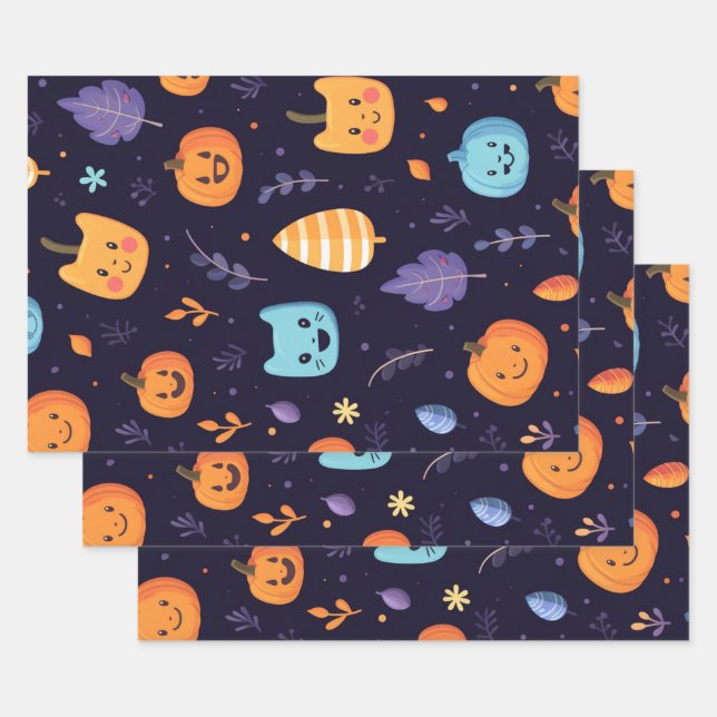 Feuille De Papier Cadeau Cute Halloween Chats et Citrouilles (Lot)